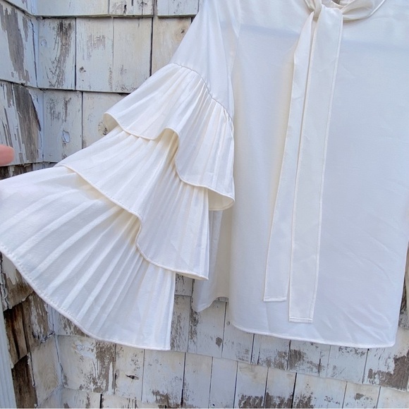 INA Ruffles Bell Pleated Sleeves Bow Tie Neckline Blouse - Picture 2 of 7